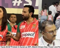 Saif Ali Khan Faces Brief Protest in Surat as ISPL Match Draws Star Power and Packed Crowd