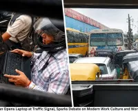 Viral Video: Man Opens Laptop at Traffic Signal, Sparks Debate on Modern Work Culture and Work-Life Balance