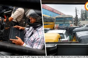 Viral Video: Man Opens Laptop at Traffic Signal, Sparks Debate on Modern Work Culture and Work-Life Balance